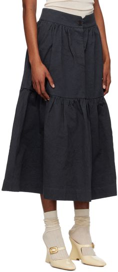 Heavyweight cotton twill skirt. Gathering throughout. · Tiered construction · Button fastening at waistband · Two-pocket styling · Button-fly · Horn hardware Supplier color: Dark navy Plus Size Skirt, Twill Skirt, Cotton Citizen, Skirt Belt, Mid Length Skirts, Dark Navy, Swimwear Tops, Sweater Skirt, Long Skirt