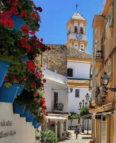 a narrow street with buildings and flowers growing on the side of it, along with a clock tower in the background