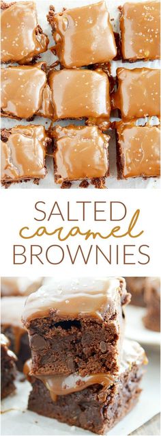 salted caramel brownies are stacked on top of each other with frosting