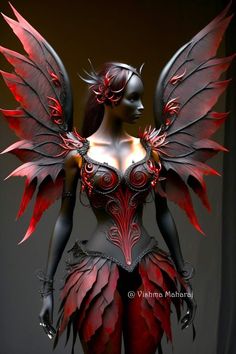 a woman dressed in red and black with wings