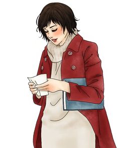 a drawing of a woman holding a paper and looking at something in her right hand