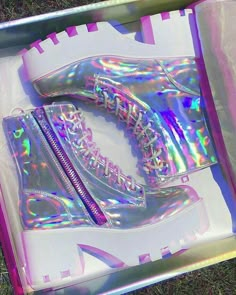 Dollskill Shoes, Sepatu Platform, Holographic Fashion, Cute Shoes Heels, Kawaii Shoes, Hype Shoes, Girly Shoes, Cute Nikes, Aesthetic Shoes