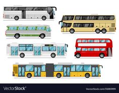 four different types of buses on a white background