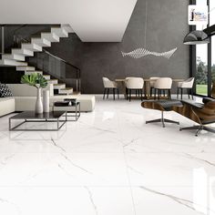 a modern living room with white marble floors