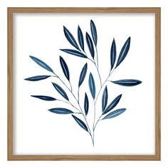 a blue and white painting with leaves on the bottom, in a wooden framed frame