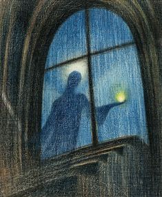 a drawing of a person standing in front of a window looking out at the sky