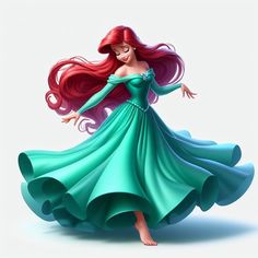 ariel from the little mermaid is dancing in a green dress with long hair and flowing waves