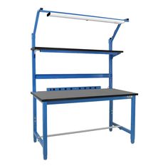 a blue work bench with two shelves on each side