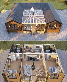 two views of a house from above and below, with the roof made out of wood