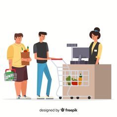 three people standing around a grocery cart with food in it and one person holding a bag