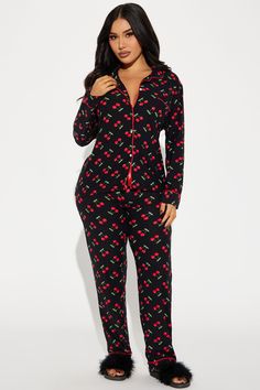 Available In Black/combo. 2 Piece PJ set Long Sleeve Collared Shirt Button Front Full Length Pants Drawstring Waistband Full Stretch Final Sale Disclaimer: Print Placement May Vary 95% Polyester 5% Spandex Imported | Cherry Bomb PJ Pant Set in Black size Small by Fashion Nova Cute Christmas Pjs, Cute Pajamas For Women, Fashion Nova Outfits, Sweater Jumpsuit, Pj Pants, Pajama Pant, Cute Pajamas, Lingerie Sleepwear, Pj Sets