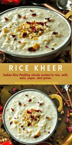 rice kheer served in a bowl with spices and garnishes on top