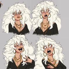 four different poses of a woman with white hair and big hoop earrings on her head