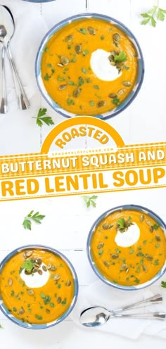 Roasted Butternut Squash and Red Lentil Soup, easy comfort food recipes, soup recipes Red Lentil Soup Recipe, Vegan Butternut Squash Soup, Butternut Soup, Butternut Squash Recipes Soup, Veg Soup, Squash Soup Recipe, Roasted Butternut Squash Soup, Lentil Soup Recipes, Fall Comfort Food