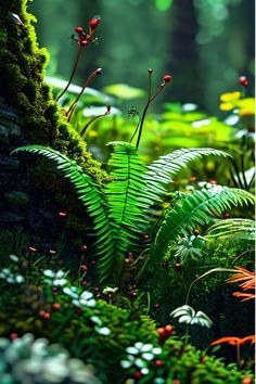 the ferns are growing on the mossy rocks in the forest with red and white flowers