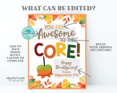 a card with the words, you are awesome to the core and an apple on it