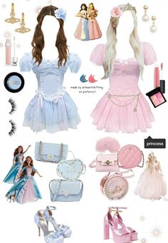 a collage of barbie dolls and accessories including dresses, shoes, purses, bags