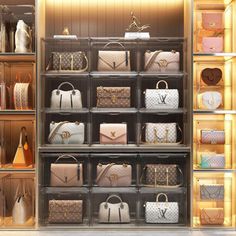 a closet filled with lots of purses and handbag's on display in front of wooden shelves