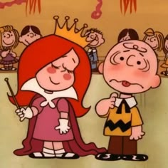 a cartoon character standing next to a person with a crown on their head and other people in the background