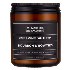 a candle that says bourbon and bowties on the front, with an image of a crown