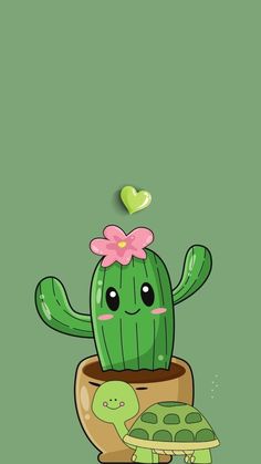 a green cactus with a pink flower on its head and a turtle in the pot