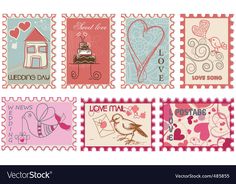 postage stamps with hearts and love symbols