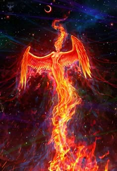 a fire bird with its wings spread out in the night sky, surrounded by stars