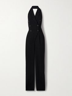 Sergio Hudson's tailored jumpsuit is sophisticated and chic. Made from pinstriped twill, it has a double-breasted profile with notch lapels and a halter neckline and floor-grazing hems. Chic Fitted Jumpsuits And Rompers With Vertical Stripes, Chic Striped Jumpsuits And Rompers For Work, Sergio Hudson, Tailored Jumpsuit, Velvet Jumpsuit, Fall Shopping, Halter Neckline, Clothes Collection, Black Jumpsuit