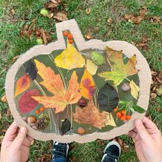 a person holding up a paper plate with leaves on it and acorns in the water