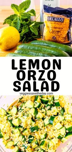 lemon orzo salad with zucchini, cucumbers and seasoning on the side