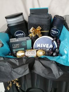 a basket filled with assorted items sitting on top of a table