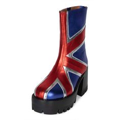 Showcase your UK pride with these vibrant multi-color round-toe United Kingdom flag platform chunky boots. It has a bold design, a comfortable fit, and a statement-making addition to any outfit. Color: Multicolor Heel Type: Chunky heel Heel Height: 3.15" / 80 mm approx Platform Height: 1.77'' / 45 mm approx Product measurements were taken using size 8. Please note that measurements may vary by size. Toe: Round toe United Kingdom flag pattern patchwork design Back-zipped design Handcrafted US sizing. Fits true to size. Platform Chunky Boots, I Want To Be Famous, Clear Heel Boots, Nya Smith, Funky Clothing, Dance Room, Bar Dance, Pool Billiards, Shopping Queen