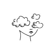 a black and white drawing of a woman's face with clouds coming out of her head