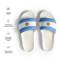 Argentina Argentinian Flag Women's slides Sandals Summer Beach Shoes colorful Flip-Flops Thong A must-have for the summer: these women's slides. A pair of these will keep you comfy throughout your day of beach or pool activities, thanks to the cushioned upper strap and the textured footbed.  * Cushioned and durable faux leather upper strap * Lightweight polyurethane (PU) outsole * Contoured, textured footbed * Stitched around the upper perimeter for extra durability * Spot clean only * Printed, Summer Beach Slip-on Slippers, Casual White Slides For Beach Season, White Non-slip Slides For The Beach, White Non-slip Flip Flops For The Beach, White Flat Slippers For Beach Season, White Non-slip Beach Slippers, White Casual Beach Slippers, White Non-slip Sandals For Beach, Casual Slide Flip Flops For Beach