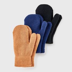 This 3-Pack of Mittens from Cat & Jack™ updates your toddler's cool-weather gear. It includes three pairs of mittens in different solid colors to easily match any outfit. The soft knit fabric with stretch keeps little hands warm and cozy, while the ribbed elastic cuffs provide a snug fit around their wrists to keep cold air from sneaking in. Cat & Jack™: Designed for all children so you can trust it's made for yours. Navy Adjustable Winter Hat, Adjustable Navy Winter Hat, Navy Cotton Winter Hat, Ski Mittens, Blue Mittens, Floral Knit, Soft Shell Jacket, Cold Air, Halloween Girl