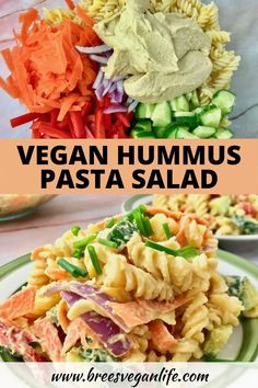 vegan hummus pasta salad on a plate with the title overlay above it