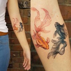 two different tattoos that have goldfish on them