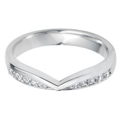 a white gold wedding band with diamonds on the sides and a v shaped design in the middle