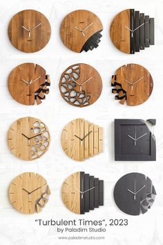 twelve wooden clocks with different shapes and numbers on the sides, all in black and white