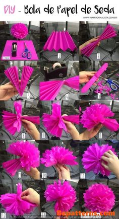 the instructions for how to make paper flowers in different colors and sizes, including pink