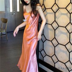 Lasaky - Chic and Elegant Silk Satin Bodycon Mermaid Dress - a Timeless Fashion Statement Gold Silk Dress, Vintage Spaghetti, Fishtail Dress, Vestidos Vintage, Suspender Dress, Dress Spaghetti, Satin Slip, Pink Maxi Dress, Satin Slip Dress