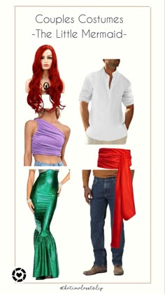 two people dressed in different outfits and one is wearing a shirt with the words couples costumes - the little mermaid