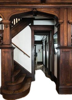 Antique Doors In House Bedroom, Gothic Craftsman House, Edwardian Entryway, Craftsman Aesthetic, Kitchen Mudroom, Staircase Designs, Wooden Staircase, Sell My House, Entry Way