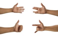 four hands with different gestures on white background