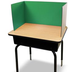 an empty desk with a green divider on the top and black legs, against a white background