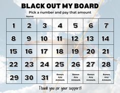 a black out my board calendar with numbers on it and an airplane in the sky