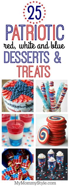 patriotic red, white and blue desserts and treats are featured in this postcard