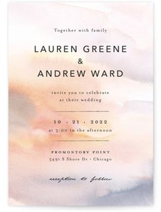 an elegant wedding card with watercolor clouds and the words, lauren greene & andrew ward