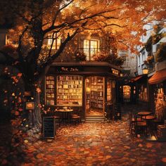 a painting of a book store with autumn leaves on the ground