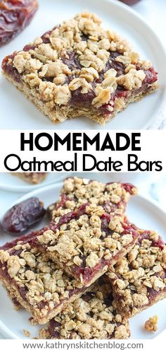 homemade oatmeal date bars are stacked on top of each other and ready to be eaten